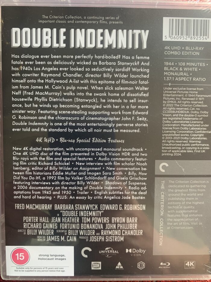 DOUBLE INDEMNITY/ Perdicion  ED. CRITERION 4K UHD+ BLURAY - Imagen 2