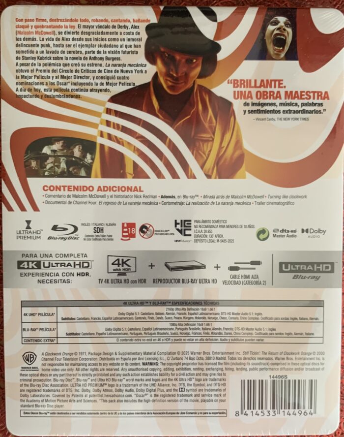 LA NARANJA MECANICA - Edicion Metalica Limitada 4K UHD + Blu-Ray (UK Import) - Imagen 2